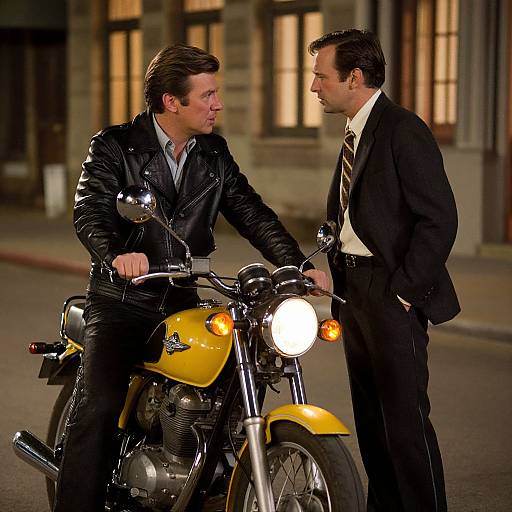 Photograph of two men at night; one in a black leather jacket on a yellow motorcycle, the other in a black suit, standing on a city