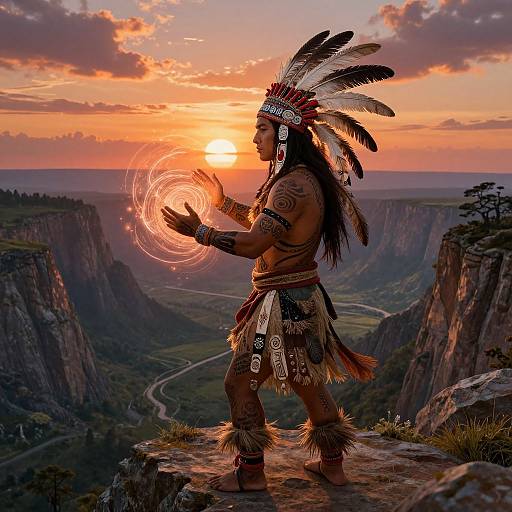Photograph of a Native American warrior with feathered headdress, tribal tattoos, and traditional attire, creating a glowing vortex at sunset atop a cliff with