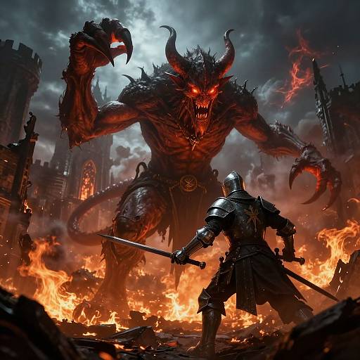 Digital fantasy artwork: Armored knight with sword confronts towering demonic beast with glowing red eyes and horns in fiery, ruins-filled landscape.