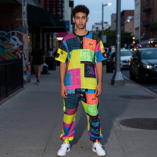 Photograph of a young man with dark curly hair, wearing a colorful, pixelated, neon patterned shirt and pants, standing on an urban street