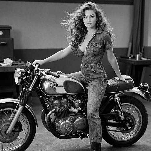 Photograph of a confident, long-haired woman in a low-cut denim jumpsuit sitting on a vintage motorcycle in a grayscale garage.