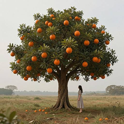 Photograph of a woman in a long dress standing under a large orange tree laden with bright orange fruits, in a grassy field.