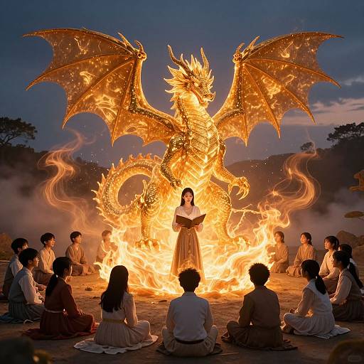 Photograph of a woman in a traditional dress standing before a fiery, golden dragon with outstretched wings, surrounded by seated villagers at dusk.