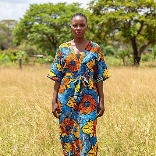 Photograph of a Black woman with short hair, wearing a vibrant blue and orange floral dress, standing in a sunlit, golden grassy field with