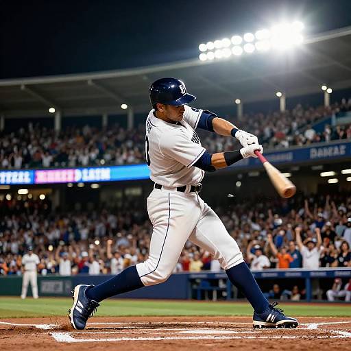 Photograph of a baseball player in a white uniform and navy cap, mid-swing, with a blurred bat, in a bright, crowded stadium.