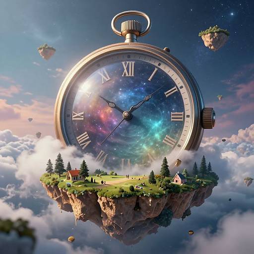 Fantastical digital artwork: giant clock with cosmic stars, floating island with trees, house, and mountains, surrounded by clouds and floating islands.