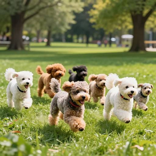 Photograph of six fluffy, mixed-breed puppies running on a sunlit, grassy park, with blurred trees and people in the background.