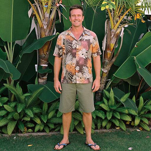 Photograph of a smiling, medium-built man with short brown hair, wearing a colorful floral shirt, olive green shorts, and blue flip-flops,