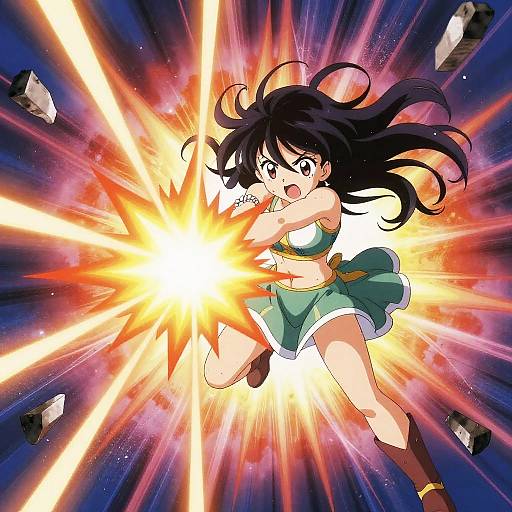 Anime-style drawing of a fierce, black-haired girl in a green and white outfit, delivering a powerful energy blast with bright, radiant beams in a dynamic