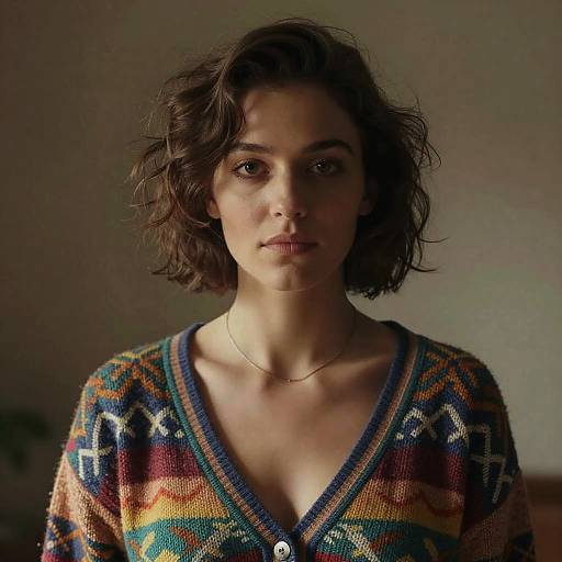 Photograph of a young woman with short, wavy brown hair, wearing a colorful, patterned V-neck sweater, standing against a blurred background,
