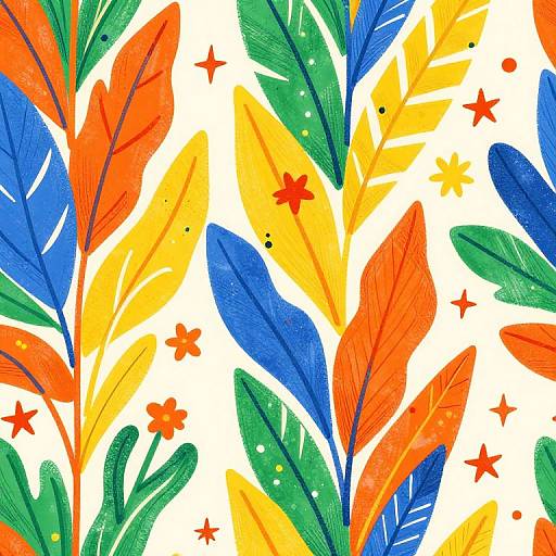Vibrant digital illustration of colorful, abstract leaves in red, orange, yellow, blue, and green, with small red stars, on a white