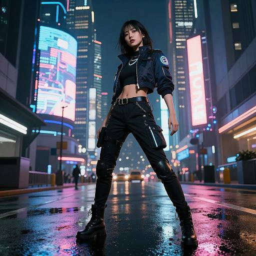 Cyberpunk photograph of an Asian woman in a black crop top, jacket, and cargo pants, standing confidently on a neon-lit, rain-so