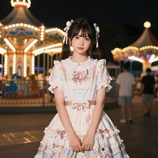 Photograph of an Asian woman with black hair in a white, frilled, ruffled dress at a brightly lit, colorful carnival at night.