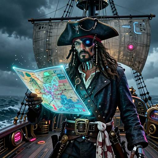 Digital art of a fierce pirate with a glowing blue eye, black tricorn hat, and detailed pirate coat, holding a neon map on a stormy