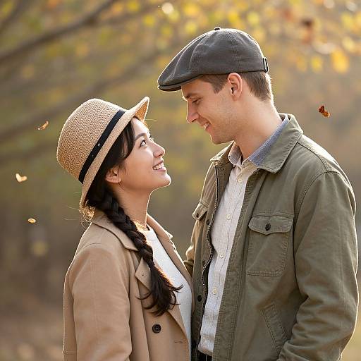 Photograph of smiling couple in autumn park; woman with dark hair in beige hat and coat, man in flat cap and green jacket. Sunlit yellow