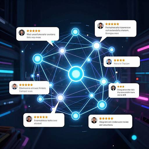 Digital graphic of a neon blue network diagram with glowing nodes connected by lines, overlaid with white speech bubbles from various users. Background is a dark,