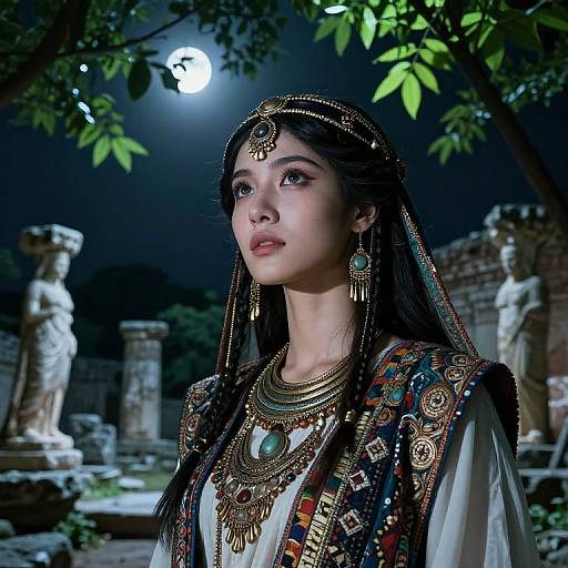 Digital illustration of an Asian woman in ornate, medieval-inspired attire, adorned with gold jewelry, turquoise gemstones, and intricate headwear, under a