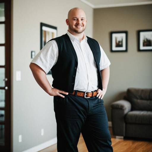 Smiling Bald Man in Vest Standing Indoors