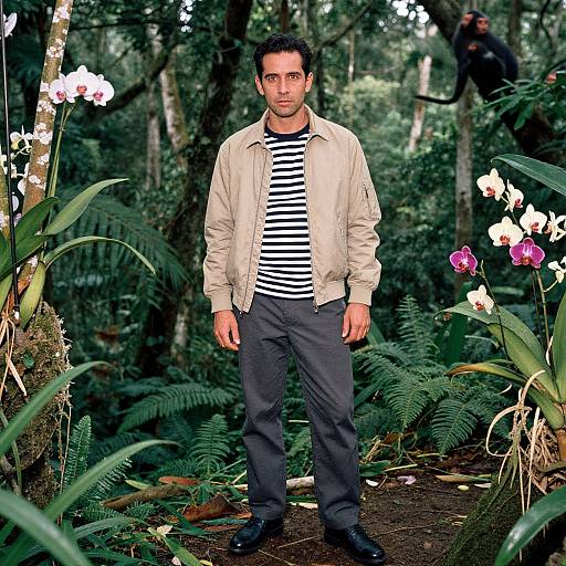 Photograph of a man with short dark hair, wearing a beige jacket, black and white striped shirt, and dark pants, standing in a lush forest