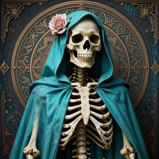 Digital artwork of a skeletal figure with a rose in its hood, wearing a teal cloak, against an ornate, circular patterned background.