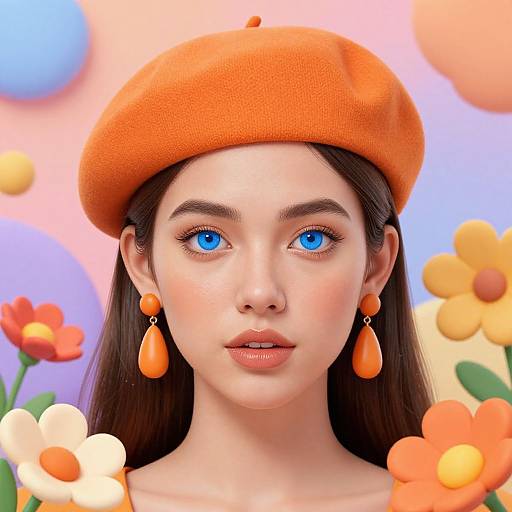 Digital artwork of a fair-skinned woman with bright blue eyes, wearing an orange beret and matching orange teardrop earrings, surrounded by colorful,
