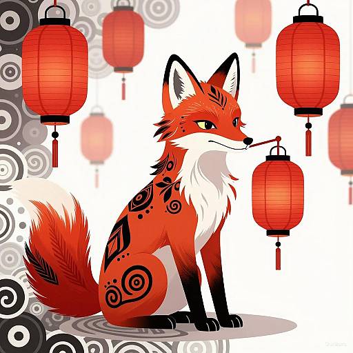 Ornate Fox with Lanterns Illustration