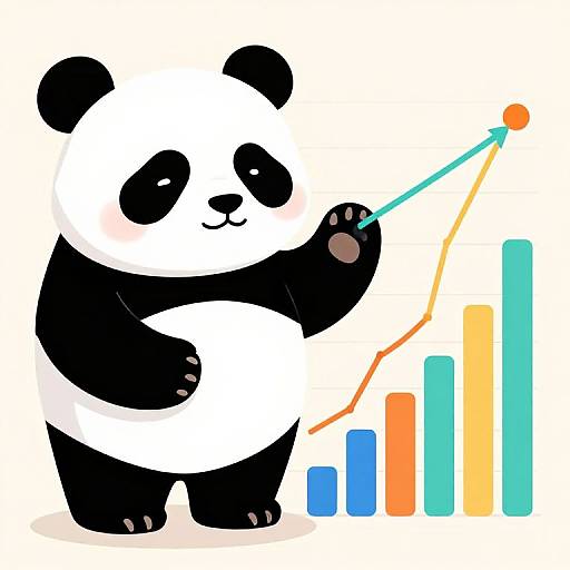 Cute digital illustration of a black and white panda holding a pointer, standing in front of colorful bar graphs.