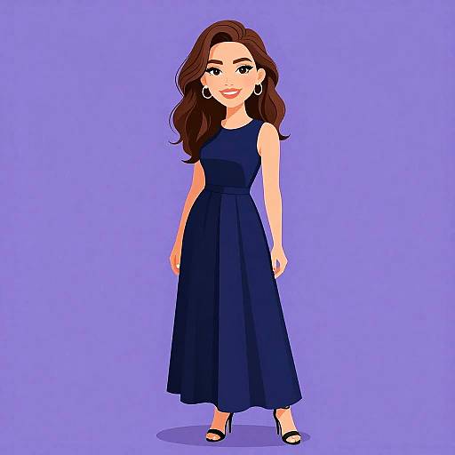 Digital illustration of a smiling woman with wavy brown hair, wearing a sleeveless navy blue dress and black high heels, against a solid purple background.