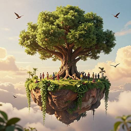 Digital art of a massive, lush tree floating on a rocky island above clouds, surrounded by small, silhouetted people and birds.