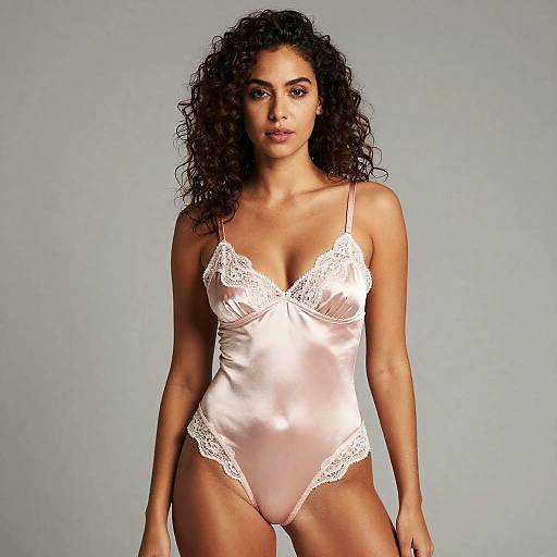 Photograph of a curly-haired woman with medium brown skin wearing a satin pink lace-trimmed one-piece lingerie, standing against a plain gray background.