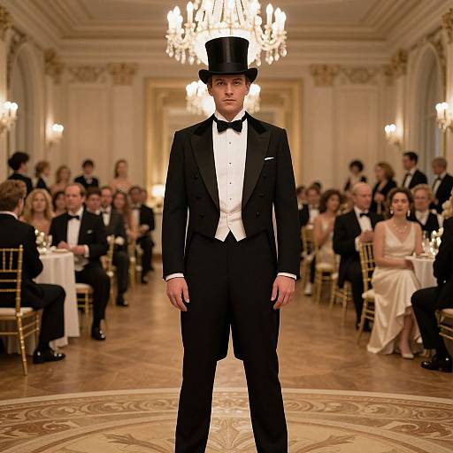 Photograph of a young man in a black tuxedo and top hat standing center stage in an elegant ballroom with chandeliers, seated guests