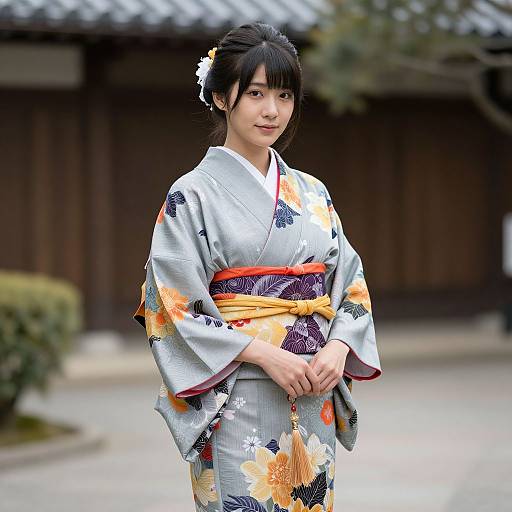 Photograph of an Asian woman with black hair in an ornate white and orange floral kimono, standing outdoors in front of a traditional wooden building.