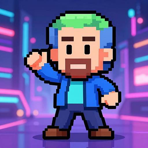 Pixel art of a bearded man with green hair, blue hoodie, and blue shirt, raising his fist in a neon-lit cityscape.