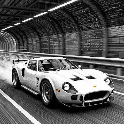 Black-and-white digital artwork of a speeding Ferrari 512 BB through a tunnel, with motion blur and bright headlights.