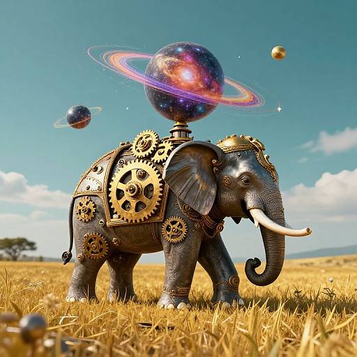 Majestic Clockwork Elephant in Galaxy Field