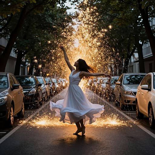 Woman Dancing with Sparks on City Street