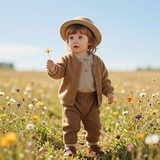Photograph of a cute toddler with brown hair, wearing a hat, brown cardigan, and pants, holding a dandelion in a sunny me