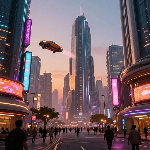 Photograph-like digital CGI of a futuristic neon-lit city street at sunset, featuring flying cars, tall skyscrapers, and bustling pedestrians.