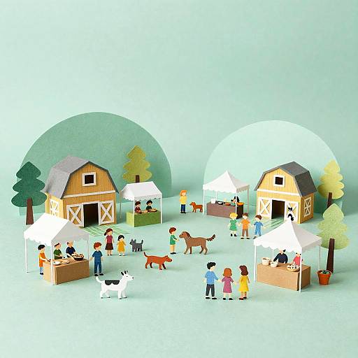 Colorful 3D diorama of a farm market with two barns, people, dogs, cats, and trees under bright white tents.