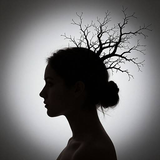 Silhouette of a woman with a leafless tree growing from her head, backlit by a bright, white, glowing background.