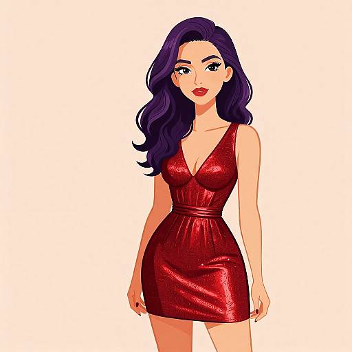 Digital illustration of a beautiful woman with long, wavy purple hair, wearing a shiny red, sleeveless, V-neck mini dress, standing against a
