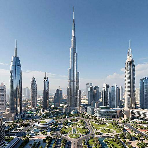 Photorealistic CGI of a modern, futuristic cityscape with towering skyscrapers, clear blue sky, lush green parks, and busy streets.