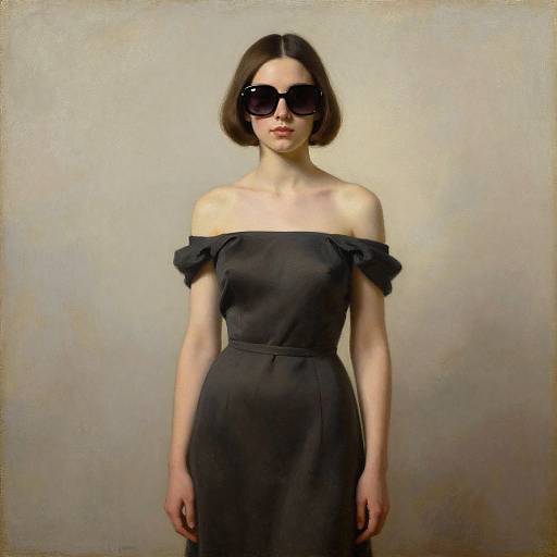 Photograph of a fair-skinned woman with short brown hair, wearing large black sunglasses, an off-shoulder black dress, and standing against a