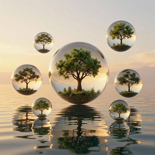 Photograph of six transparent spheres, each containing a small, reflected tree, floating on calm water during a sunset.