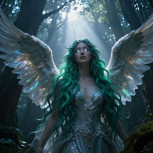Digital fantasy artwork of a green-haired, ethereal winged woman with glowing eyes in a mystical forest, illuminated by moonlight.