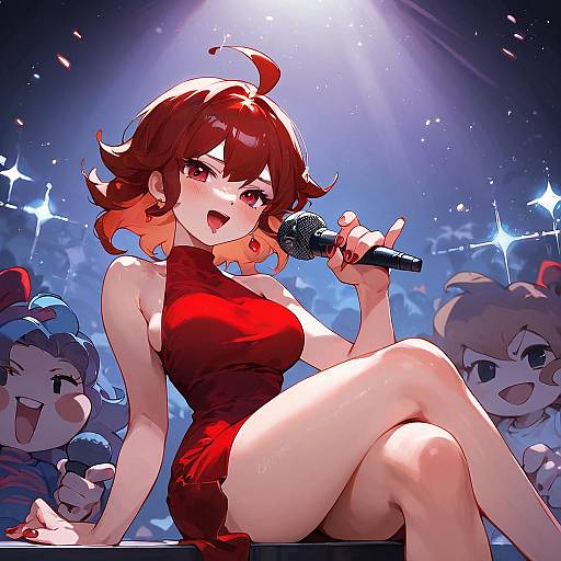 Anime Singer on Stage in Red Dress