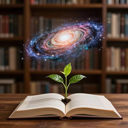 Photograph of an open book with a green plant sprouting from the center, a colorful galaxy above, set against a blurred bookshelf background.
