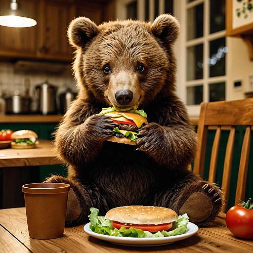 Bear Cub Eating Cheeseburger Indoors