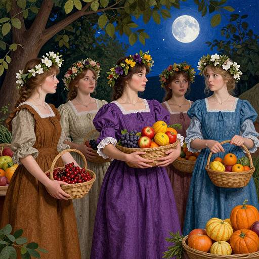 Photograph-style painting of five Victorian women in flower crowns, wearing colorful dresses, holding baskets of fruits under a full moon.