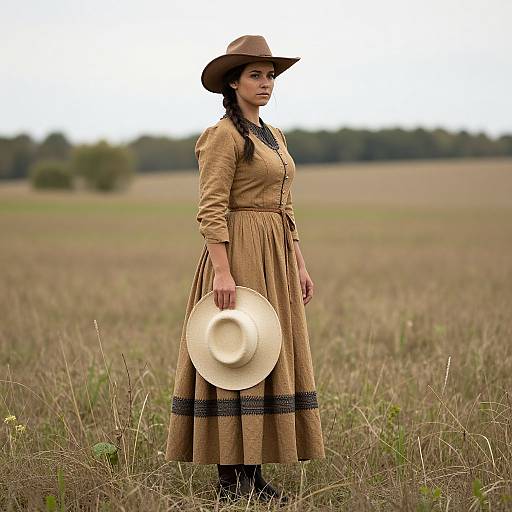 Prairie Pioneer Woman in Brown Dress